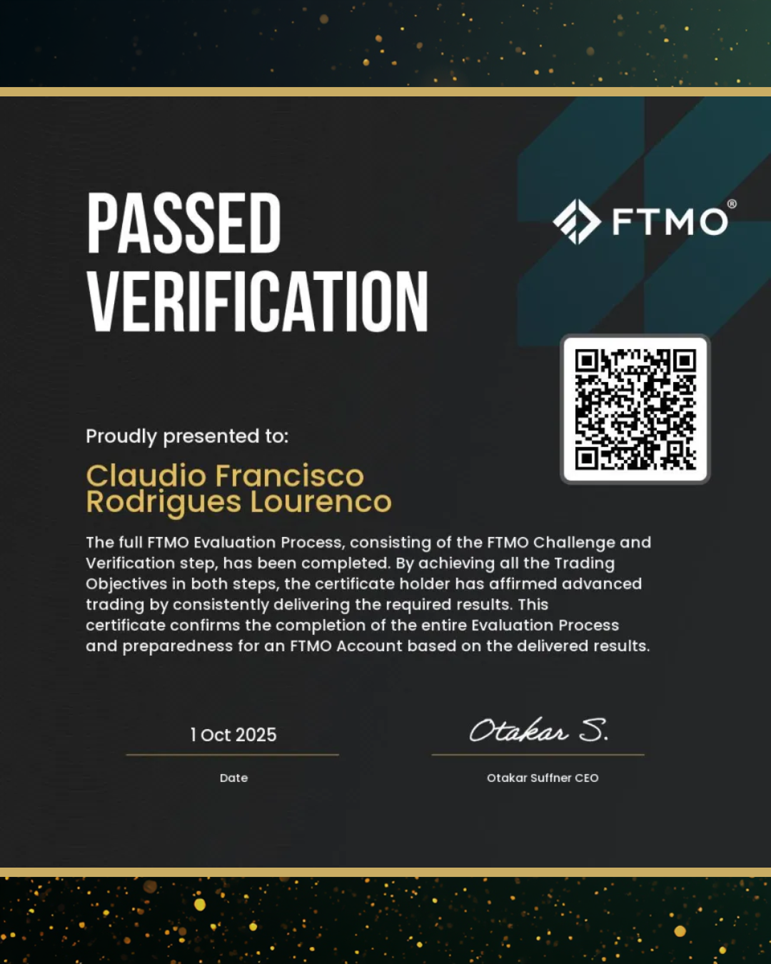 Certificado mesa proprietária – aluno Clube do Gain